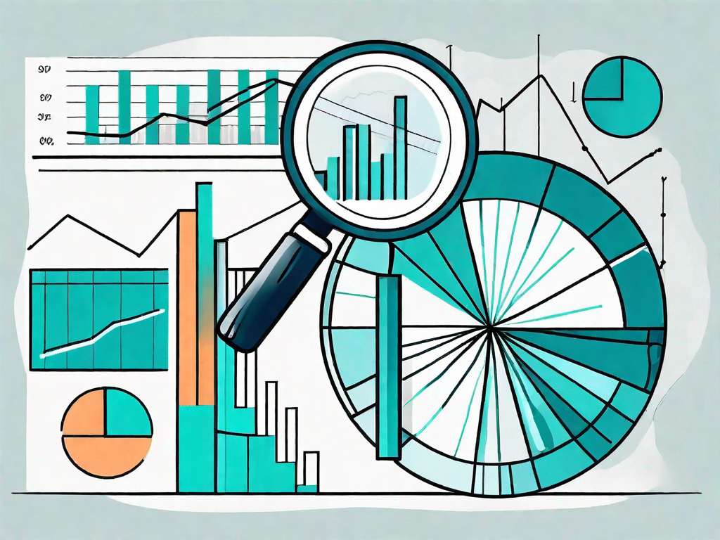 A magnifying glass hovering over a pie chart and bar graph