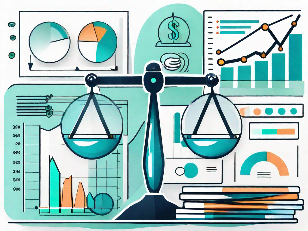 A balanced scale with various business elements such as charts