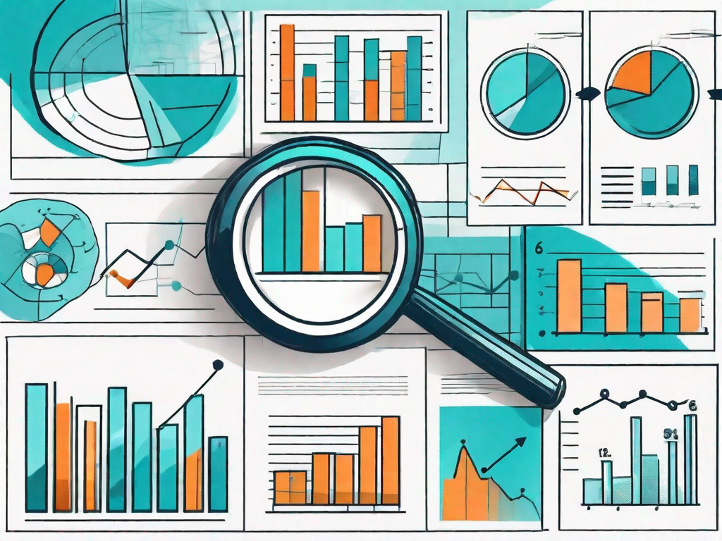 A magnifying glass hovering over a bar graph