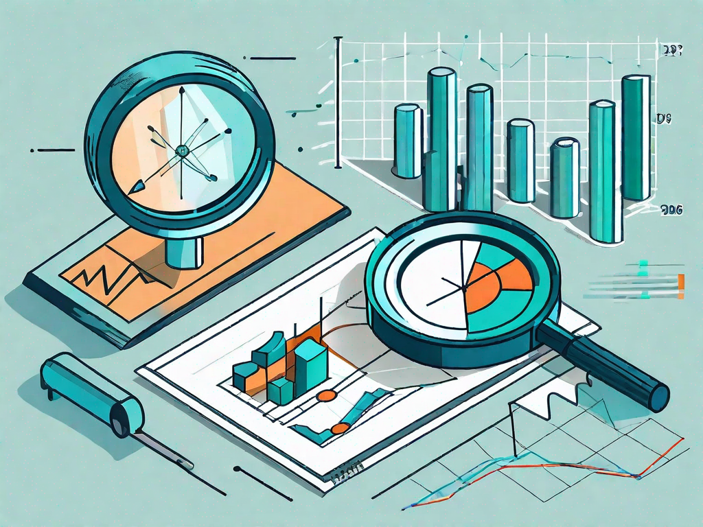 Various business tools such as a magnifying glass over a pie chart