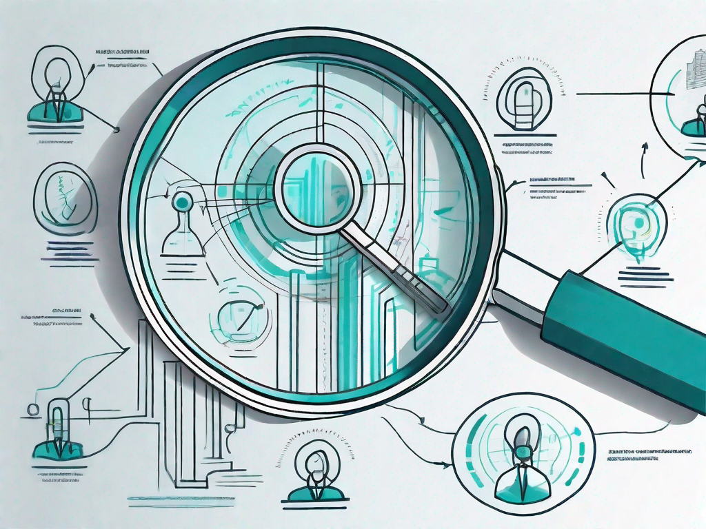 A magnifying glass focusing on a complex flowchart representing various stages of a business project