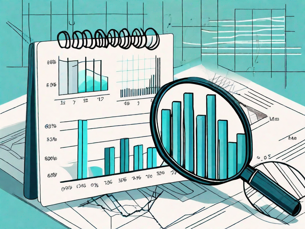 A magnifying glass focusing on a pie chart and bar graphs to represent the in-depth analysis in business quality