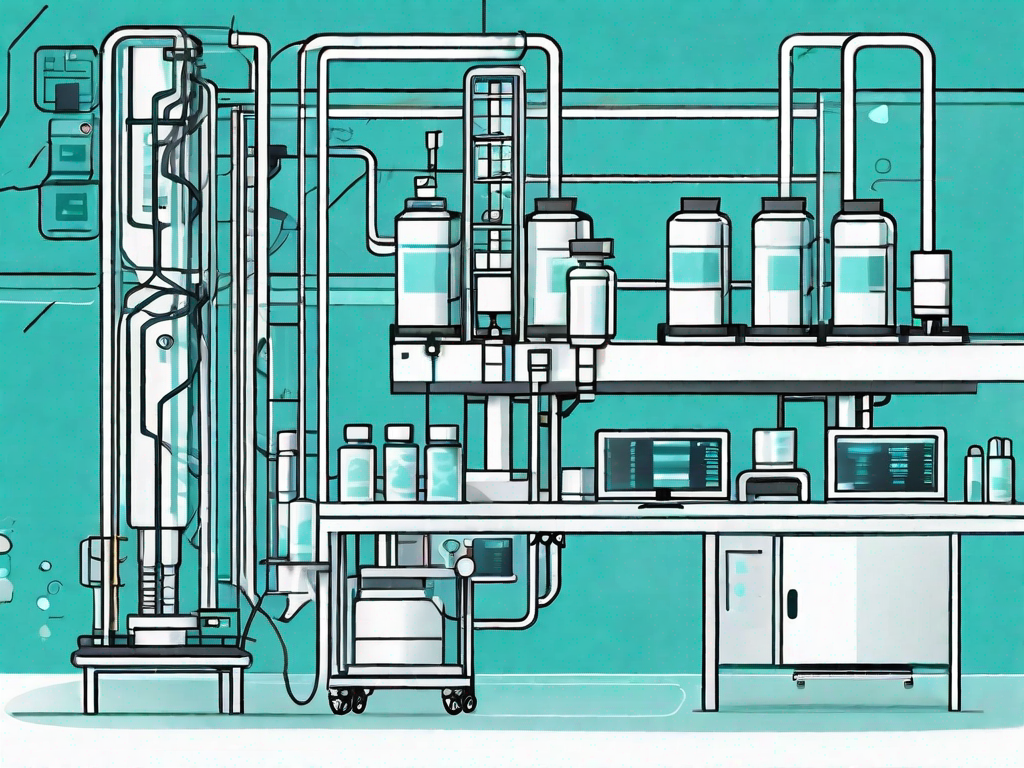 A pharmaceutical production line with various stages highlighted