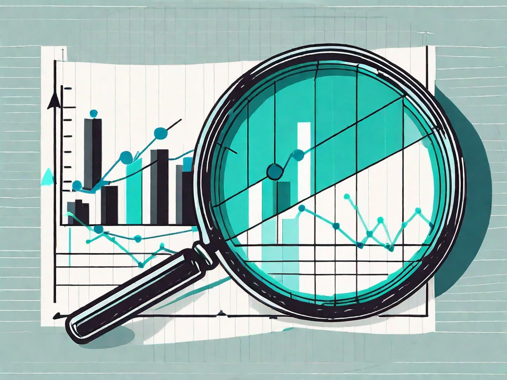 A magnifying glass hovering over a pie chart and bar graph to symbolize the scrutiny and analysis involved in quality assurance in business