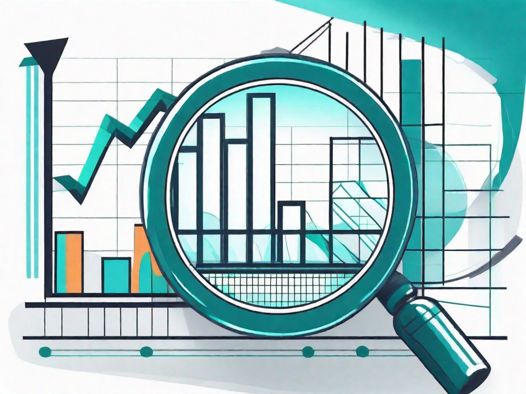 A magnifying glass hovering over a bar graph and pie chart