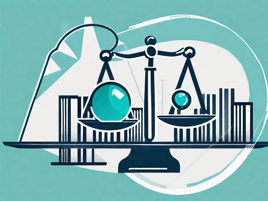 A balanced scale with a business building on one plate and a magnifying glass on the other