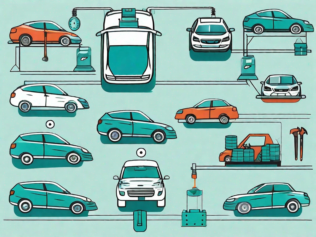 An assembly line of cars with various tools and checklists floating above