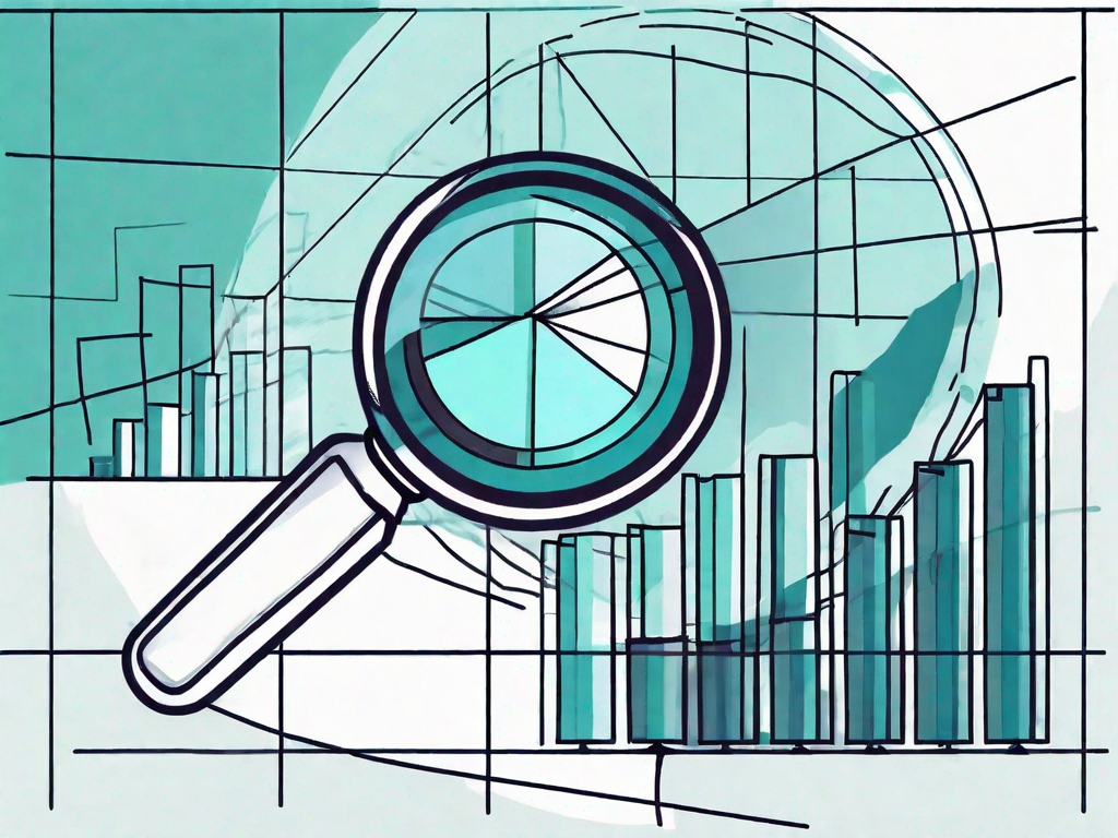 A magnifying glass focusing on a pie chart and bar graph representing business data analysis