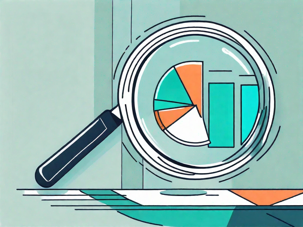 A magnifying glass hovering over a pie chart and a bar graph