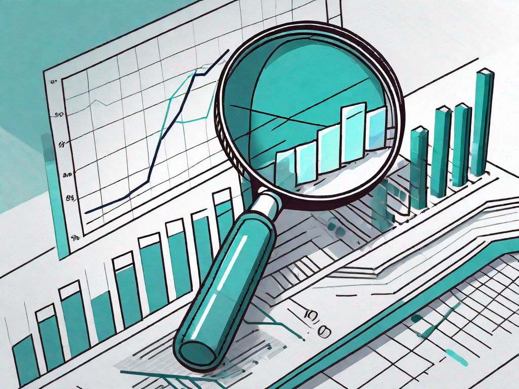 A magnifying glass hovering over a pie chart and bar graph