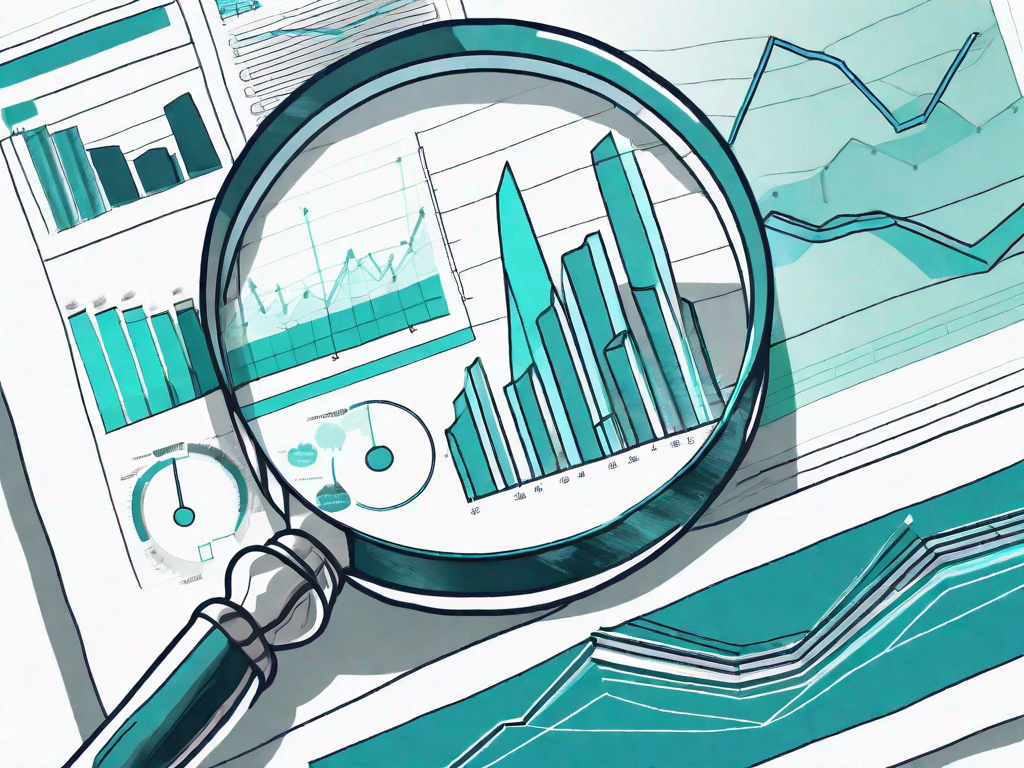 A magnifying glass examining a document with business charts and graphs