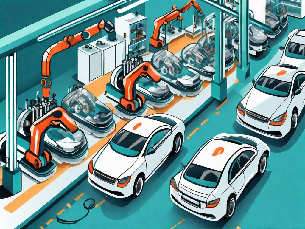 An assembly line in an automotive factory with different car parts highlighted