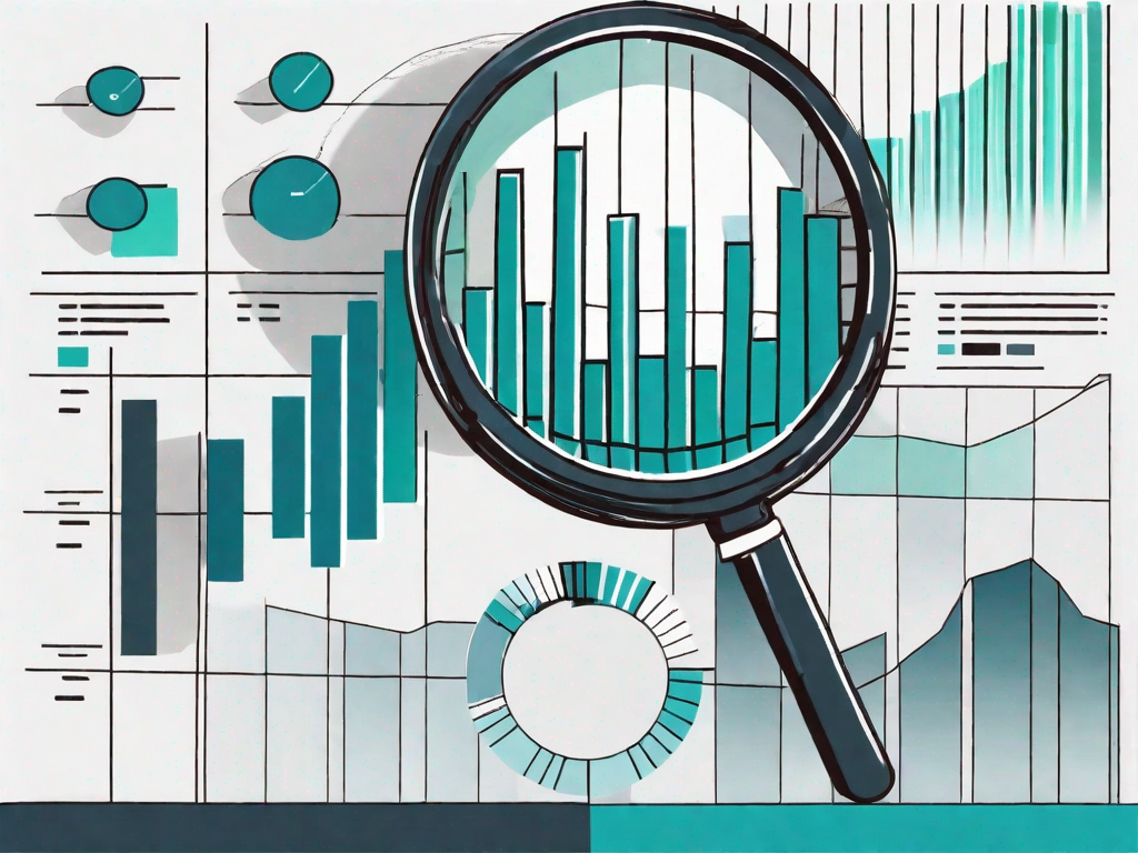 A magnifying glass hovering over a pie chart and bar graph