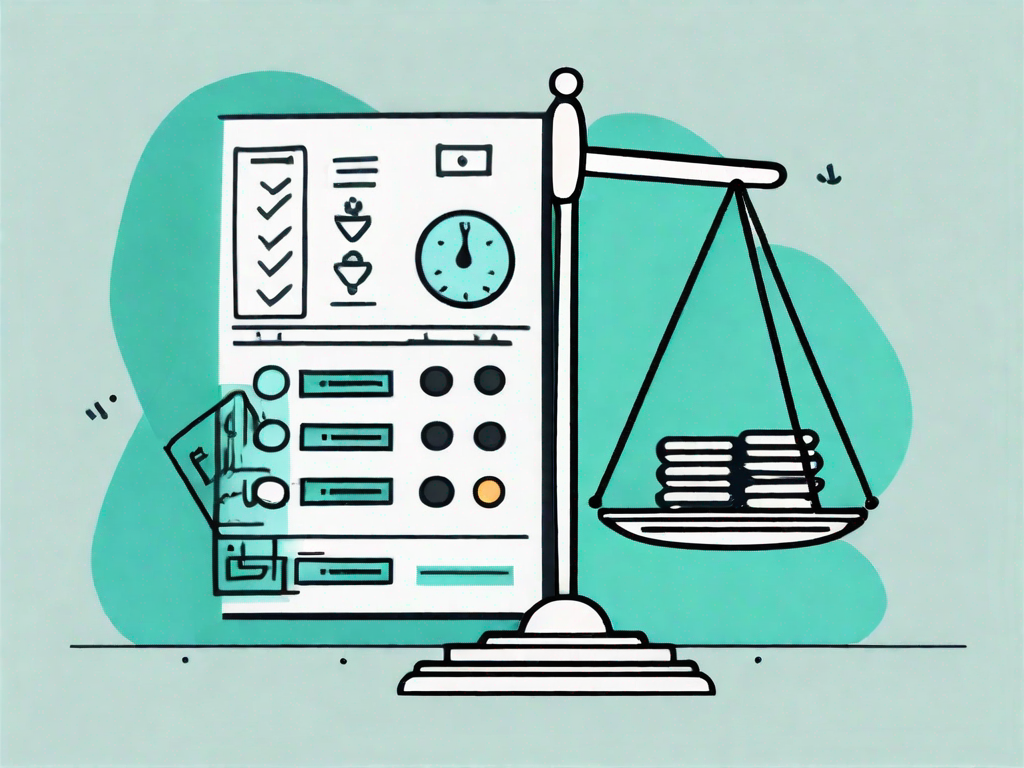 A balance scale with accounting symbols like a calculator