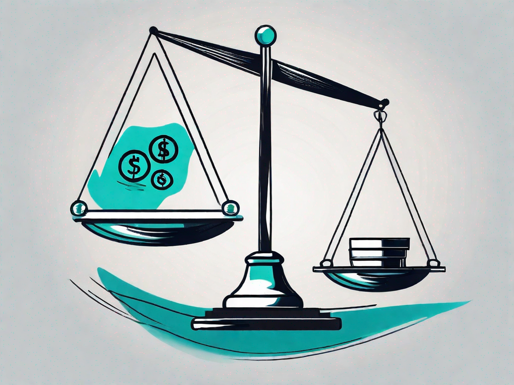 A balance scale with various symbols of business requirements on one side and a coin on the other