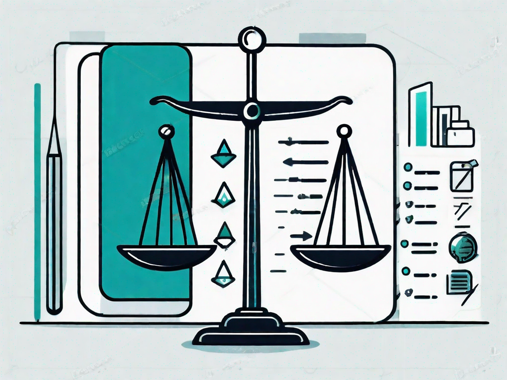 A balanced scale with symbols of business tools on one side and a checklist on the other