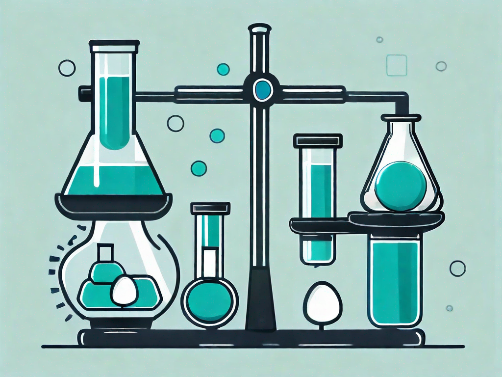 A balanced scale with pill bottles on one side and scientific equipment like microscope