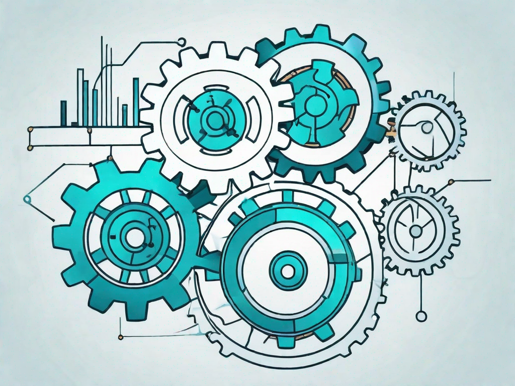 A symbolic representation of a business structure with various interconnected gears and tools