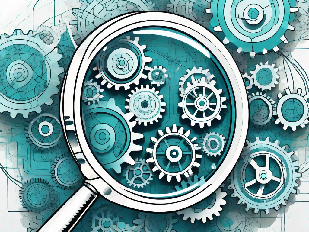 A magnifying glass focusing on a complex network of interconnected gears