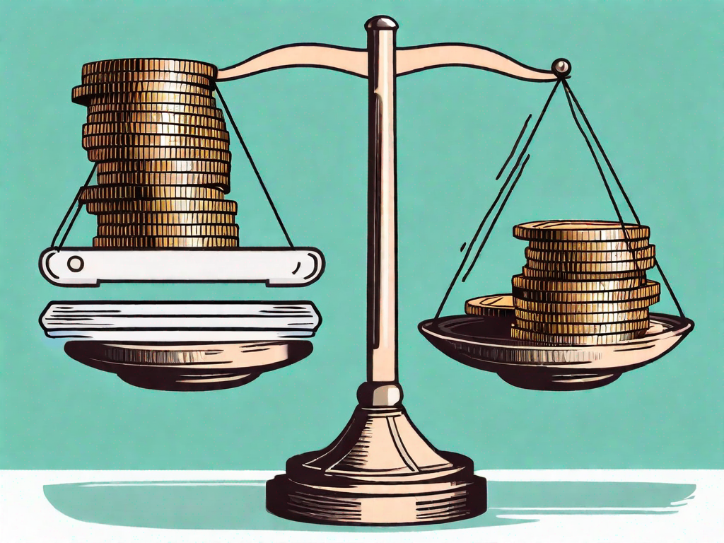 A balance scale with a bundle of documents on one side