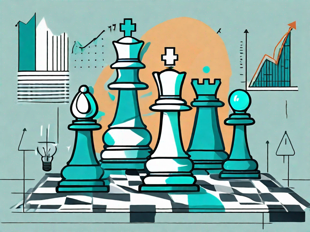 A chessboard with various business-related items such as graphs