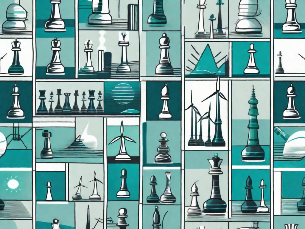 A chess board with various energy-related items such as a wind turbine