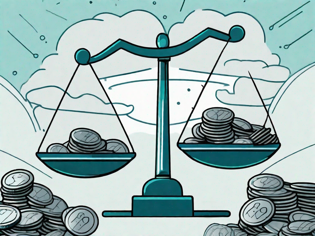 A balance scale with coins on one side representing business assets and a storm cloud on the other side representing residual risk