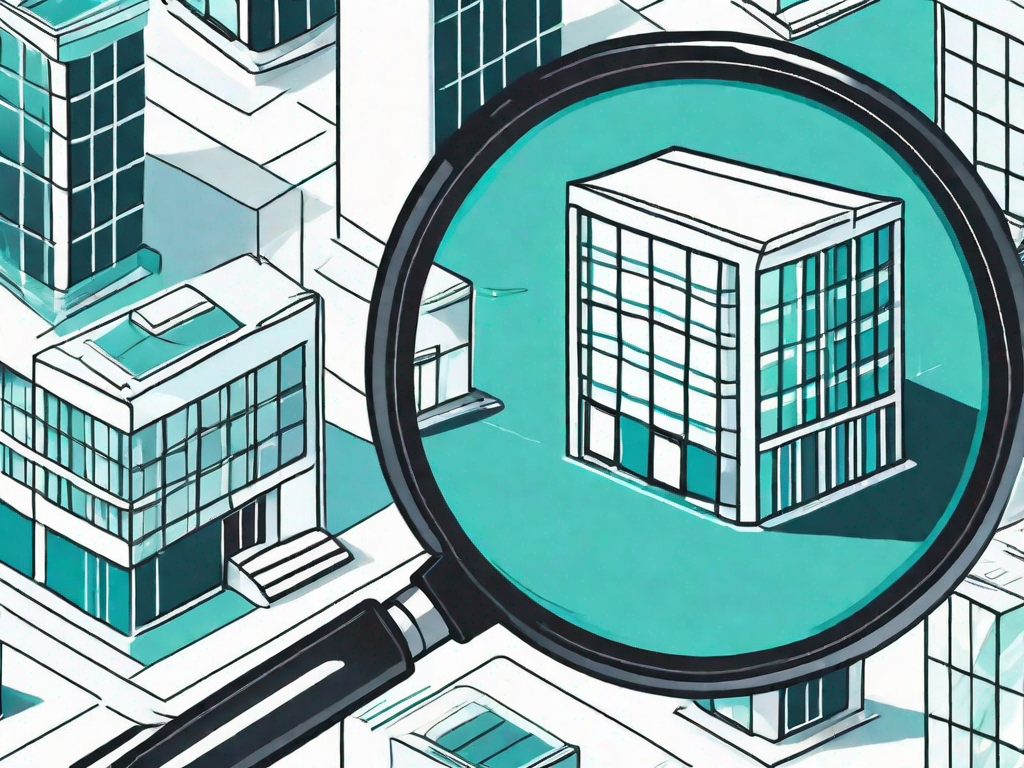 A magnifying glass focusing on a miniature startup office building