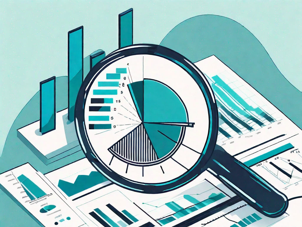 A magnifying glass hovering over a pie chart and bar graph