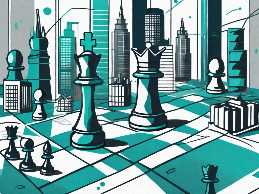 A chessboard with various business-related symbols such as skyscrapers