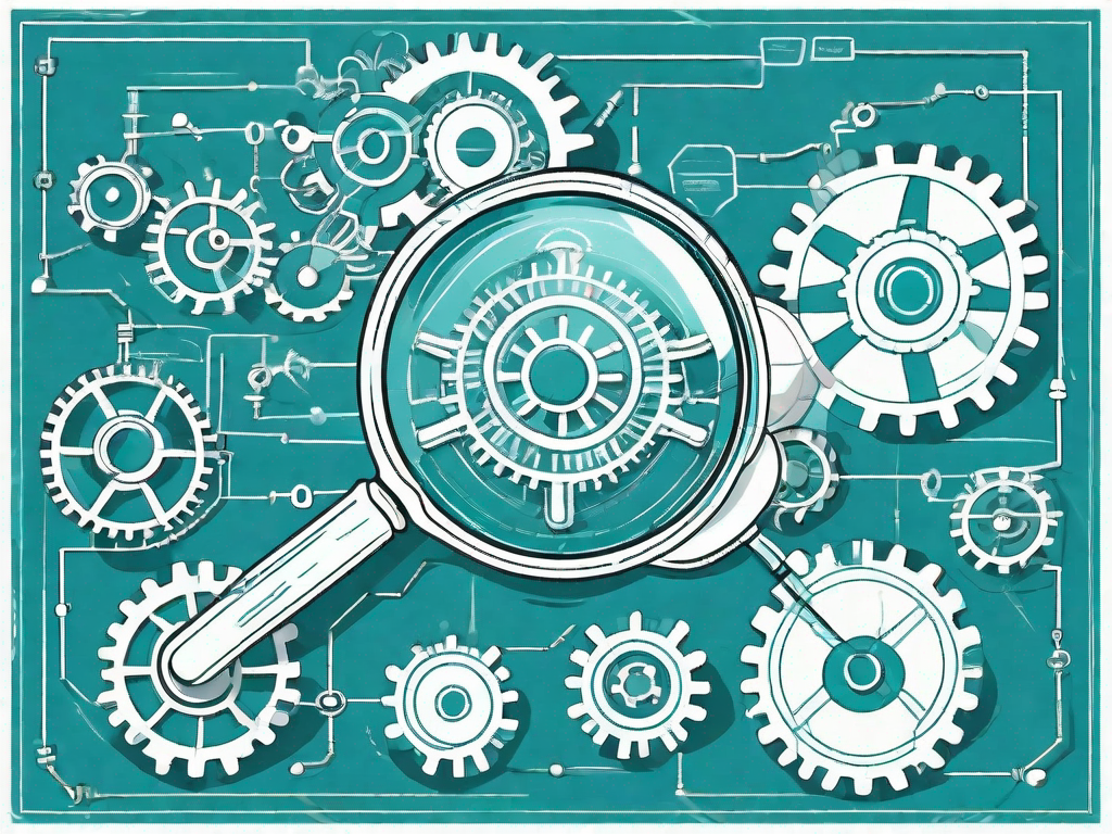 A magnifying glass focusing on a complex flowchart symbolizing business processes