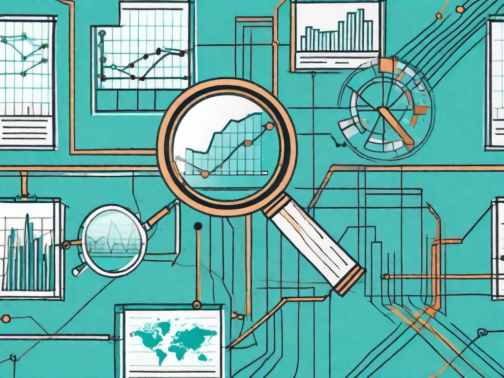 A magnifying glass highlighting a business chart with various interconnected elements