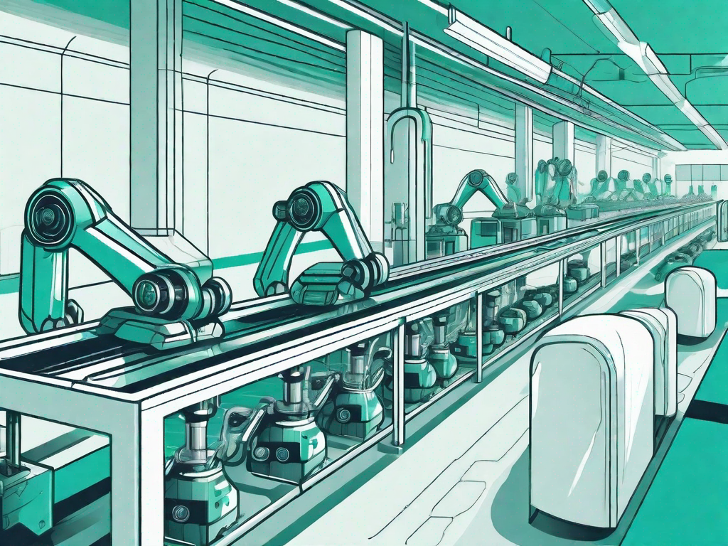 An automotive assembly line with futuristic elements such as robots and automated machinery