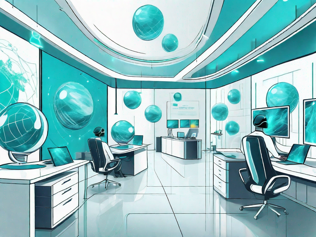 A futuristic travel agency office with advanced technology like holographic globes