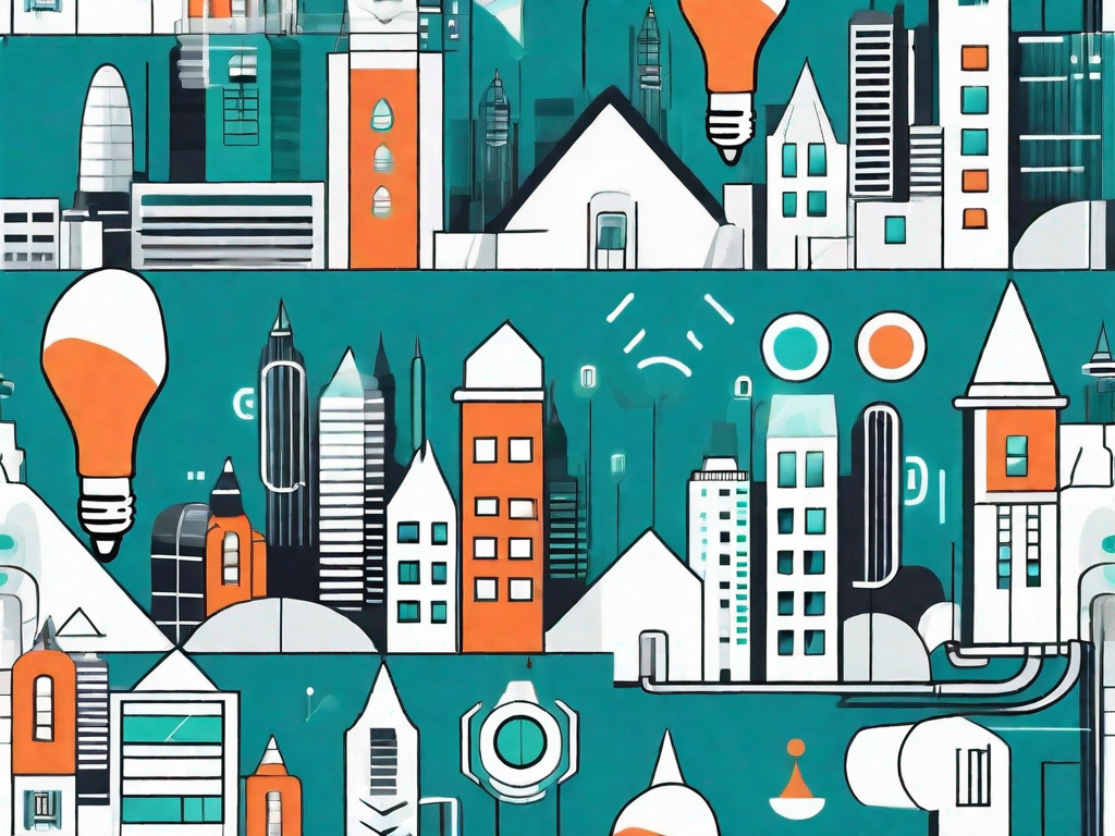 A futuristic cityscape with various marketing symbols like megaphones