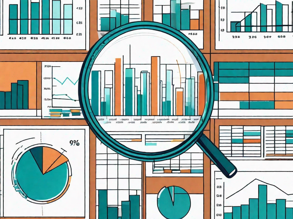 A magnifying glass hovering over a pie chart and bar graph