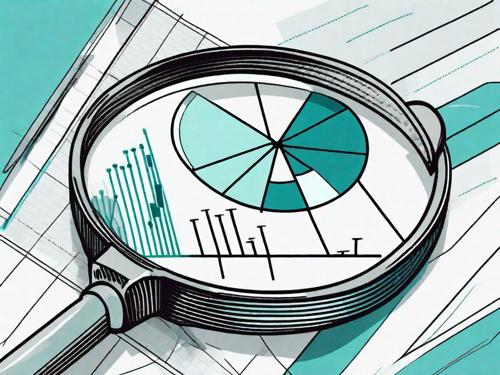 A magnifying glass over a pie chart and bar graph