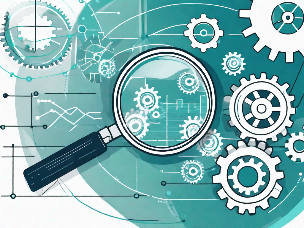 A magnifying glass hovering over a set of gears and graphs