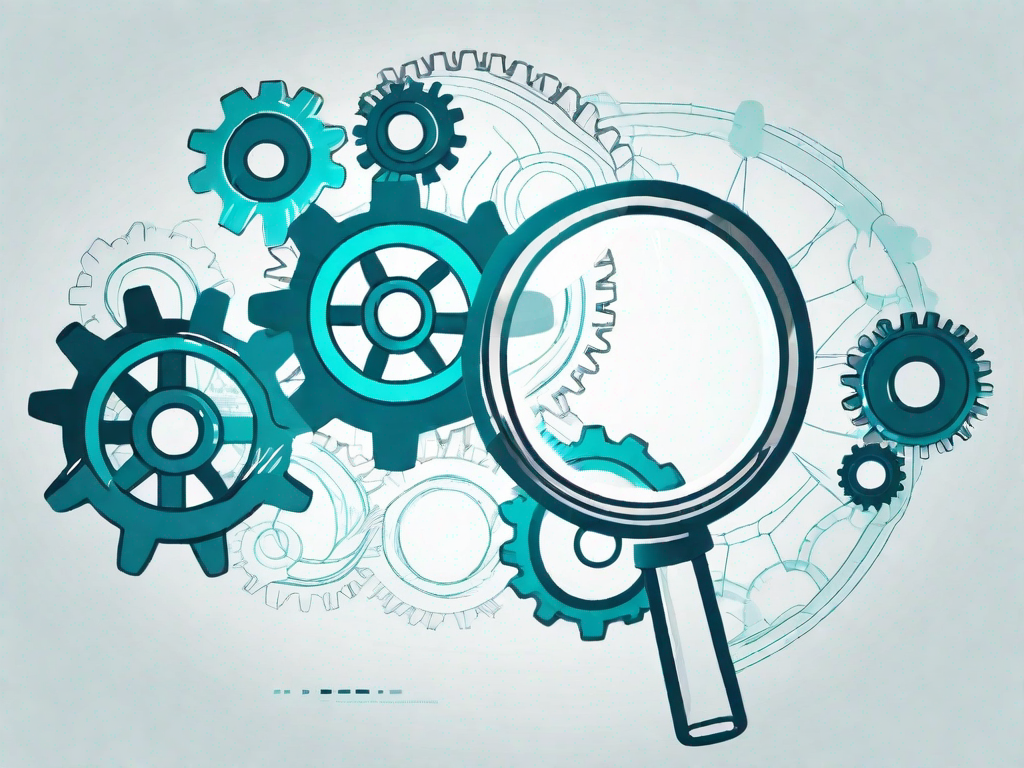 A magnifying glass focusing on a series of interconnected gears