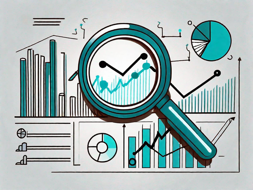 A magnifying glass focusing on a complex chart with various business-related icons such as graphs