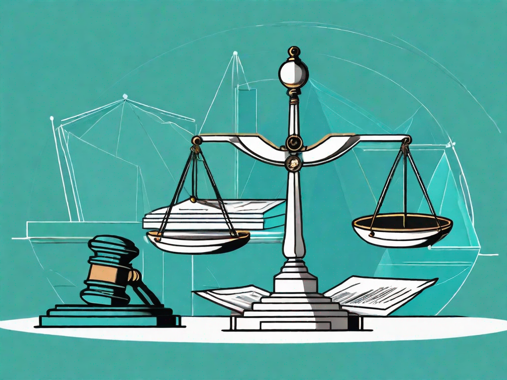 A balance scale where on one side there are legal documents and on the other side there's a compass