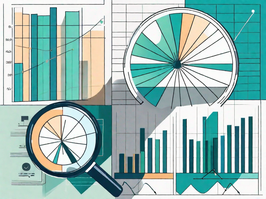 A magnifying glass over a pie chart and bar graph