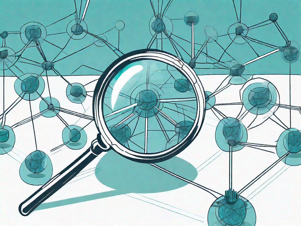 A magnifying glass hovering over a complex network of interconnected nodes