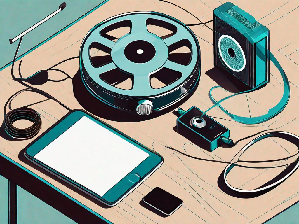 A vintage film reel and a modern digital media player