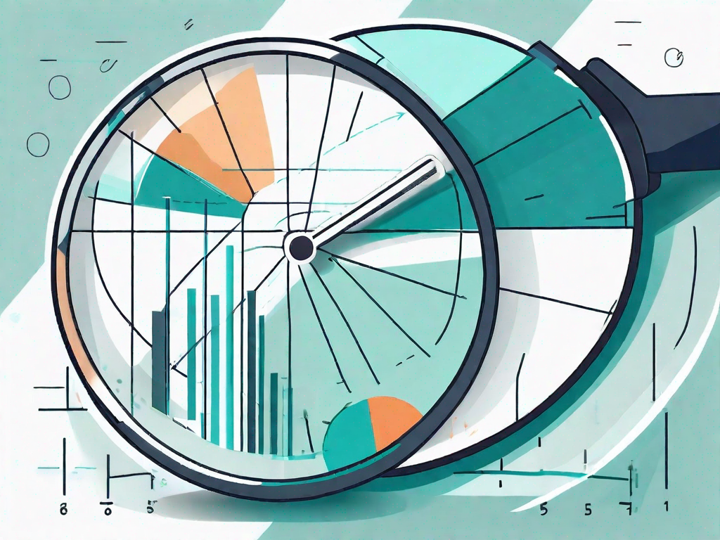 A magnifying glass over a pie chart and a bar graph