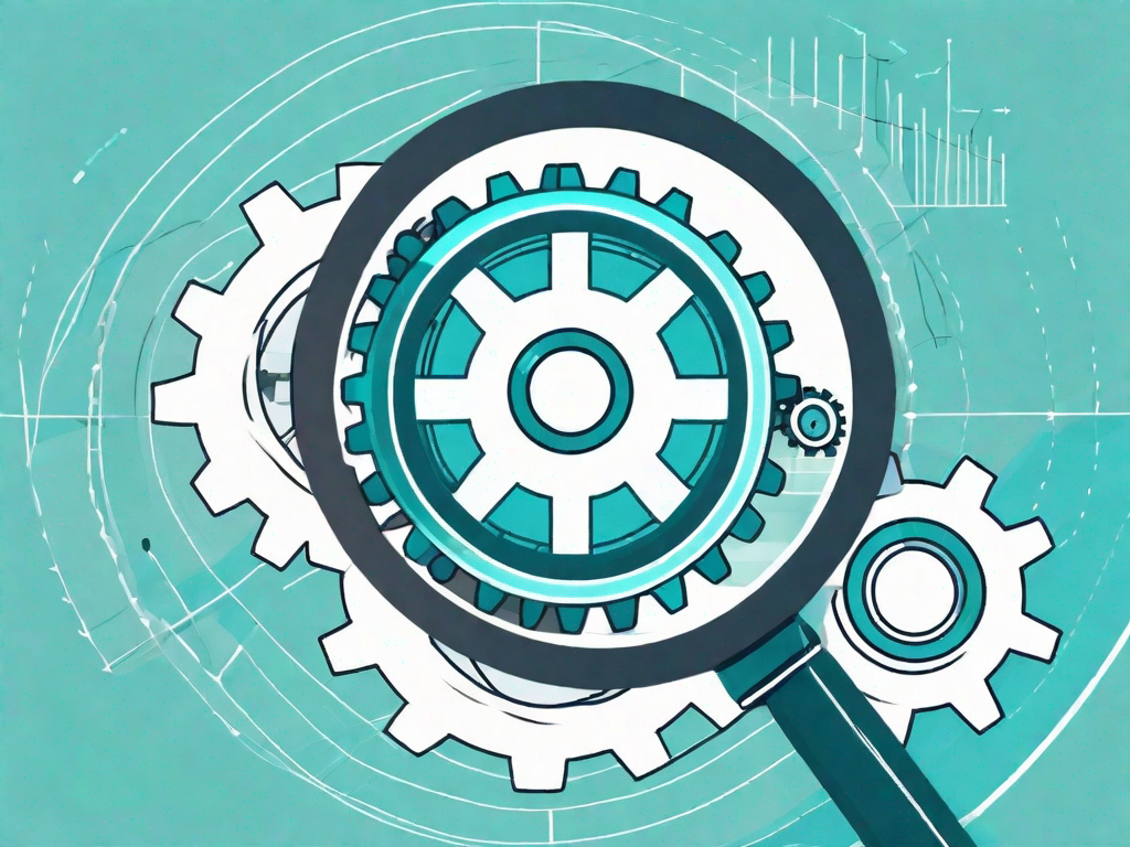 A magnifying glass focusing on a set of gears and charts