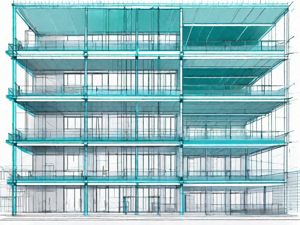 A blueprint of a manufacturing building with various sections highlighted