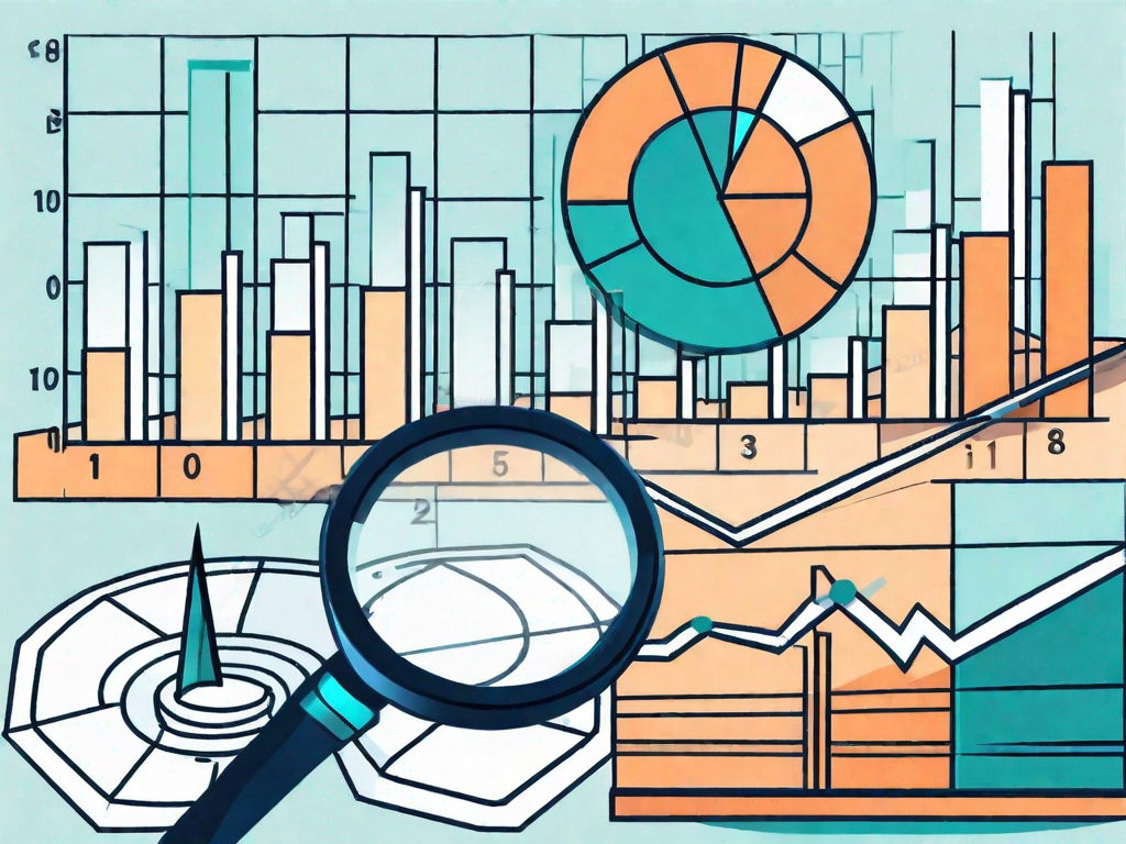 A magnifying glass hovering over a pie chart and bar graph