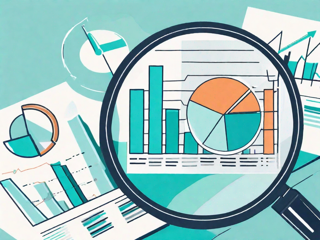 A magnifying glass focusing on a pie chart and bar graph