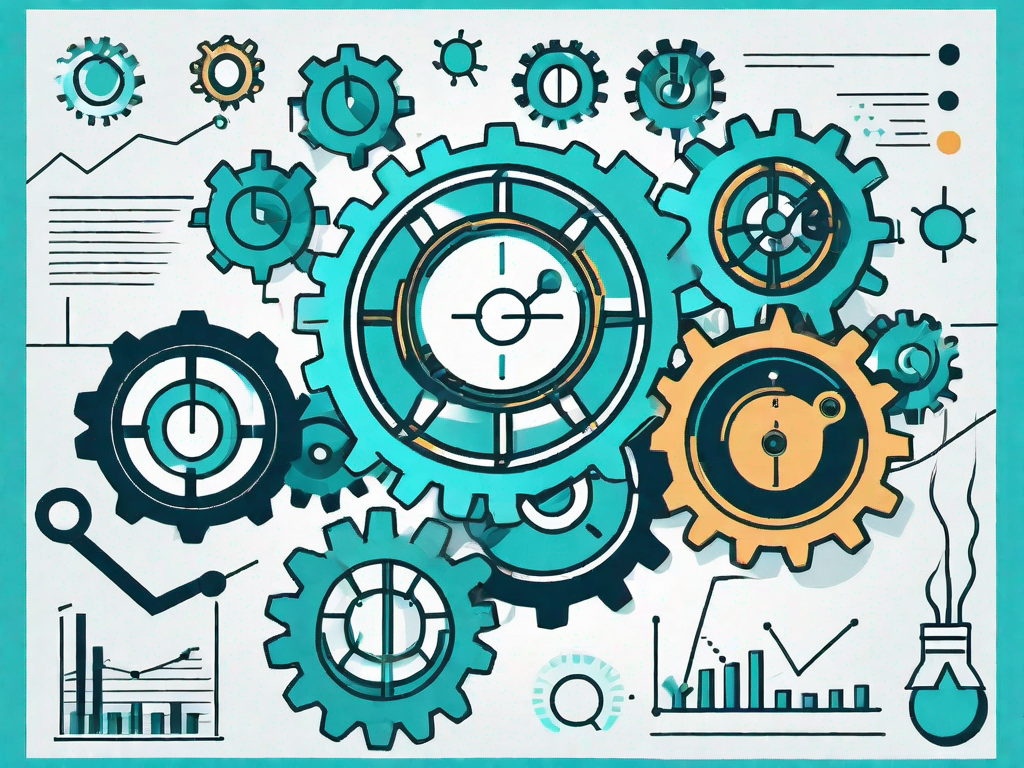 A set of gears interlocking with various symbols such as a dollar sign